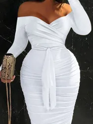 LW Plus Size dress Off The Shoulder Ruched Bodycon Dress Long Sleeve skinny midi dress Elegant party dress Evening dresses vesti