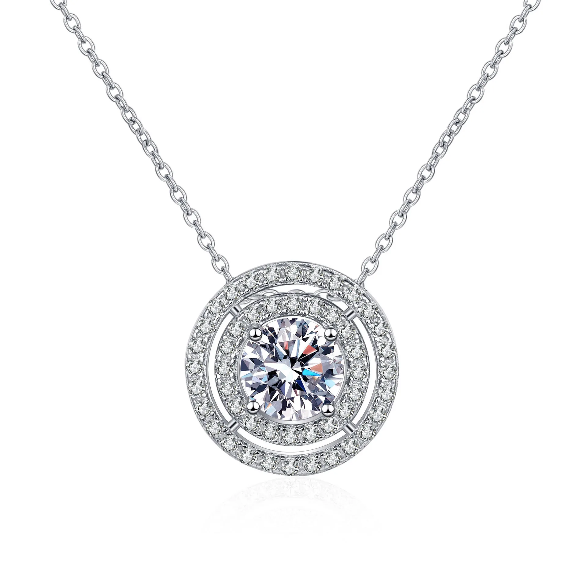 S925 Pure Silver Necklace Double Circle Circular Moissanite Collarbone Chain Plated with Pt950 Gold