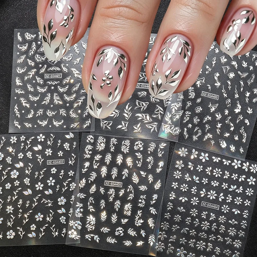 6 pièces/ensemble Autocollants pour ongles en forme de feuilles et de fleurs métalliques brillantes Y2K, Décorations 3D auto-adhésives pour ongles en forme de feuilles et de fleurs 8*10cm