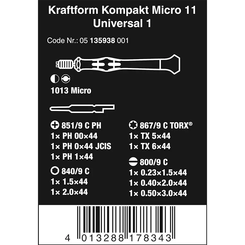 WERA 05135938001 11 Pieces Micro Universal Precision Screwdriver Set with Interchangeable Blade System Exquisite Workmanship