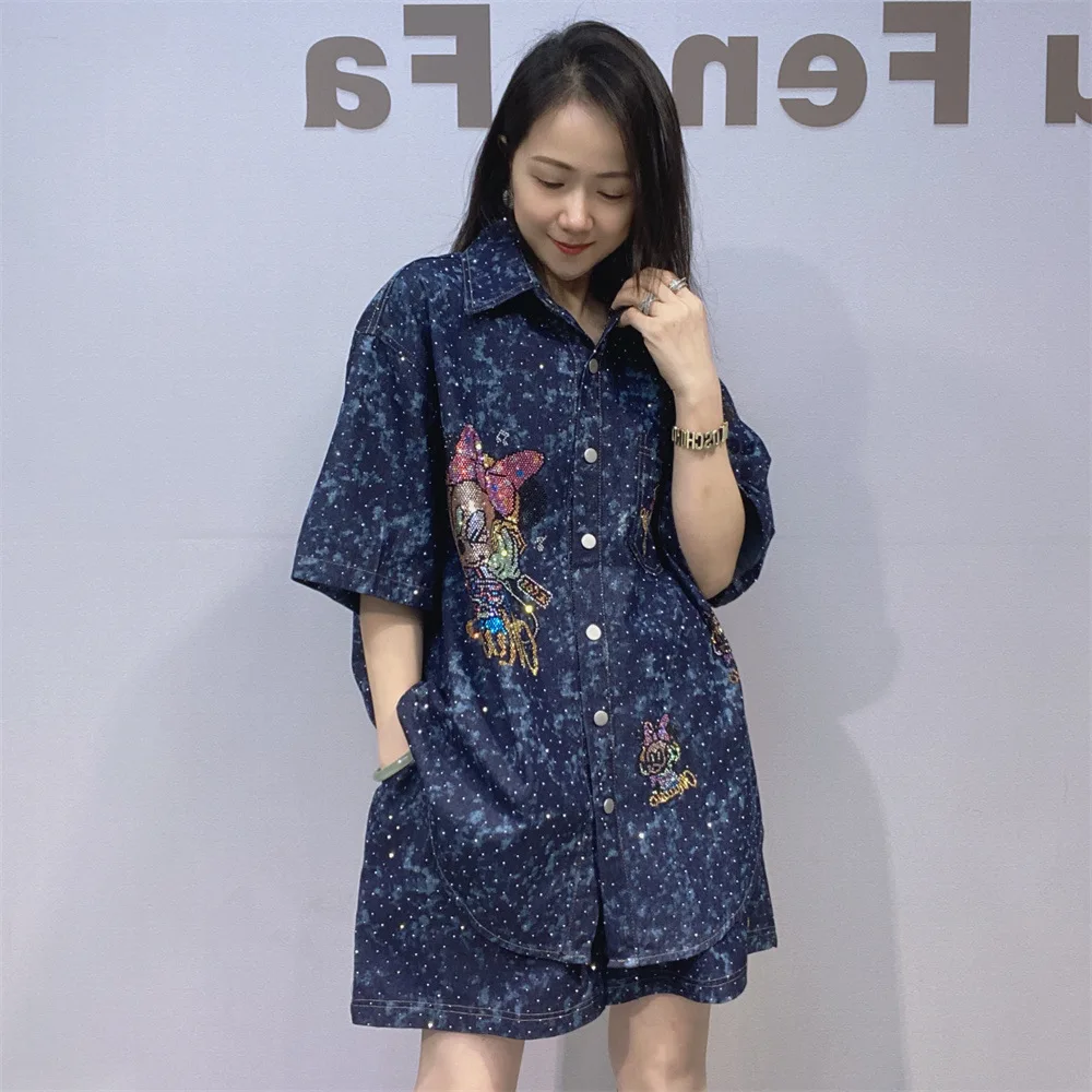 Conjuntos de pantalones cortos de mezclilla para mujer, conjuntos de dos piezas, blusa informal con cuello vuelto de dibujos animados, conjuntos a juego de gran tamaño, moda coreana