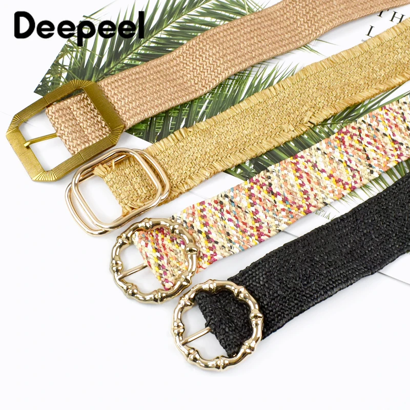 Deepeel 5cm Woven Wide Belt Bohemian Style Womem's Elastic Waistband for Summer Beach Dress Decor Cummerbund Match Accessories