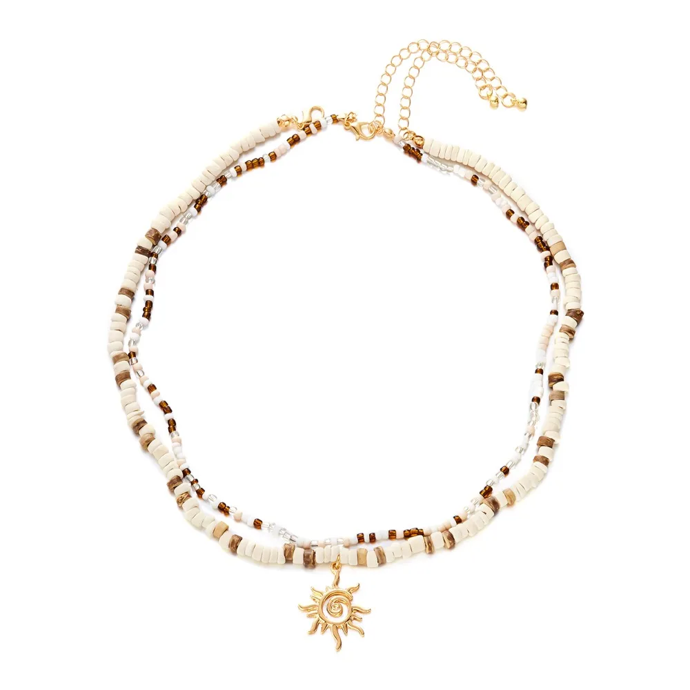 2 Pieces Set Vintage Boho Coconut Wood Beads Necklace Handmade Ethnic Style Sun Pendant Necklace Adjustable Length Double-layer
