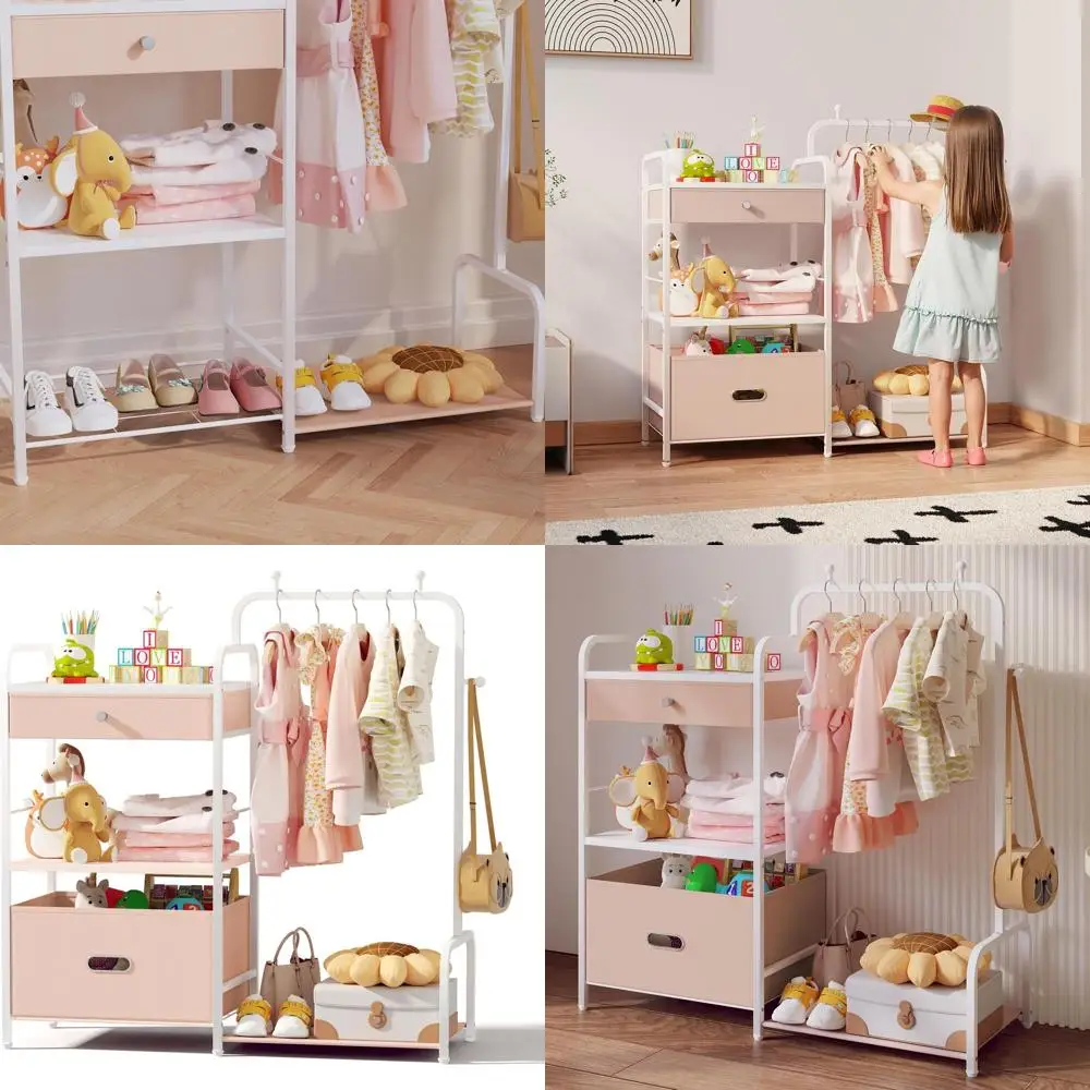 

Pink Baby Clothes Organizer Rack with Bottom Shelf and Storage Box for Hanging Garments
