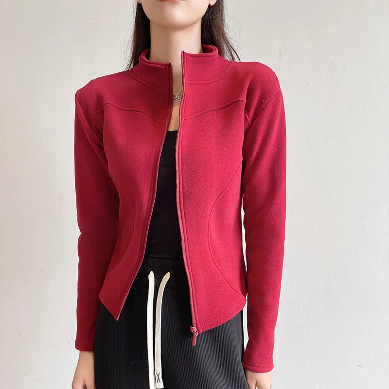 2026 Women Fleece Lined Zip Up Jacket Stand Collar Slim Fit Warm Outerwear Windproof Lightweight Casual Winter Fashion Coat Tops