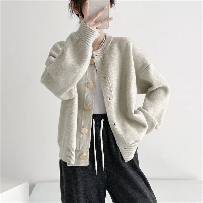 

Women Knitted Cardigan French Style Round Neck Single-breasted Solid Color Sweater Autumn Winter Casual Top Outerwear