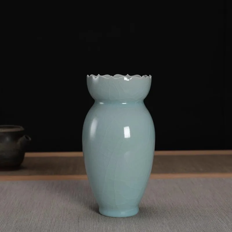 Longquan Celadon Handcrafted by Liu Changting Ge Kiln Open-cut Pink Green Glaze Vase Decorative Piece Ceramic Flower Arrangement