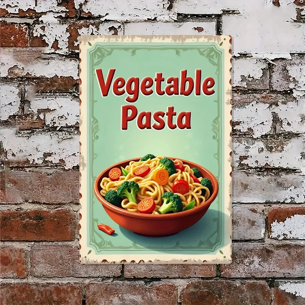 1PC 2D Flat Vintage Vegetable Pasta Metal Art Plaque, Retro Tin Sign for Kitchen Cafe Restaurant Decor, Unique Holiday Gift