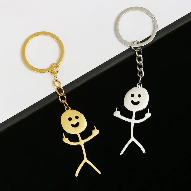 2023 Funny Middle Finger Stickman Keychain Cute Trend Titanium Steel School Bag Car Key Pendant Couple New Trinket Gift Keyrings