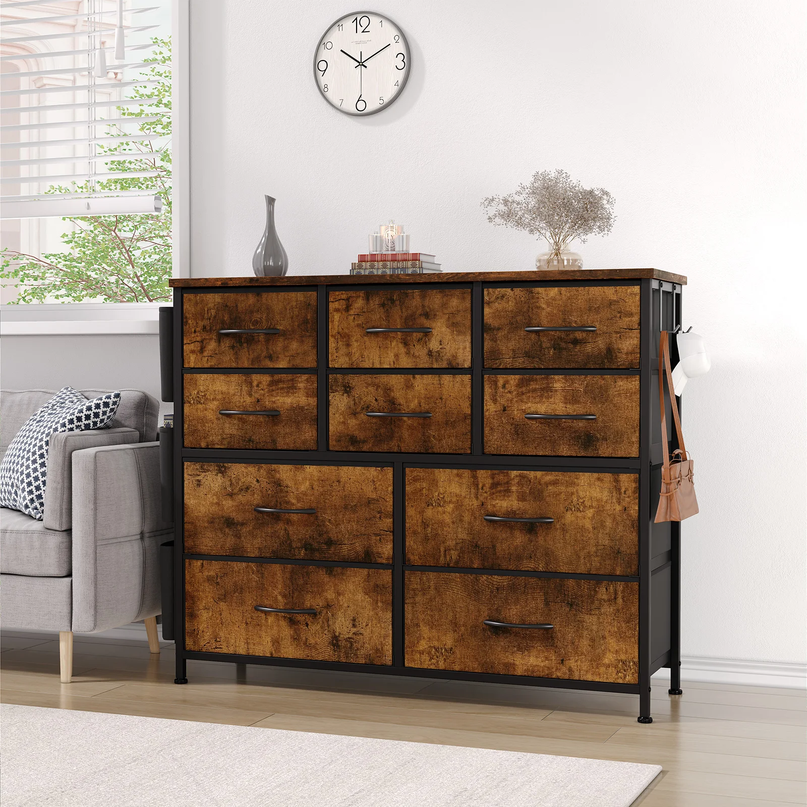 

Storage Cabinet for Bedroom, Fabric Storage Drawer, Chest of Drawers with Side Pockets, Wood Tabletop for Living Room, Hallway