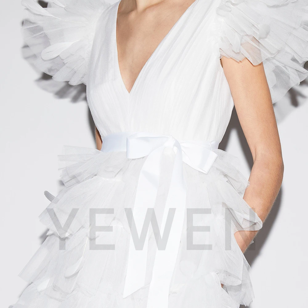 V Neck Tulle Tiered A Line Prom Bridal Long Dress for Photo Shoot Boho Elegant Gowns Occasion Maxi Wedding Dresses for Parties