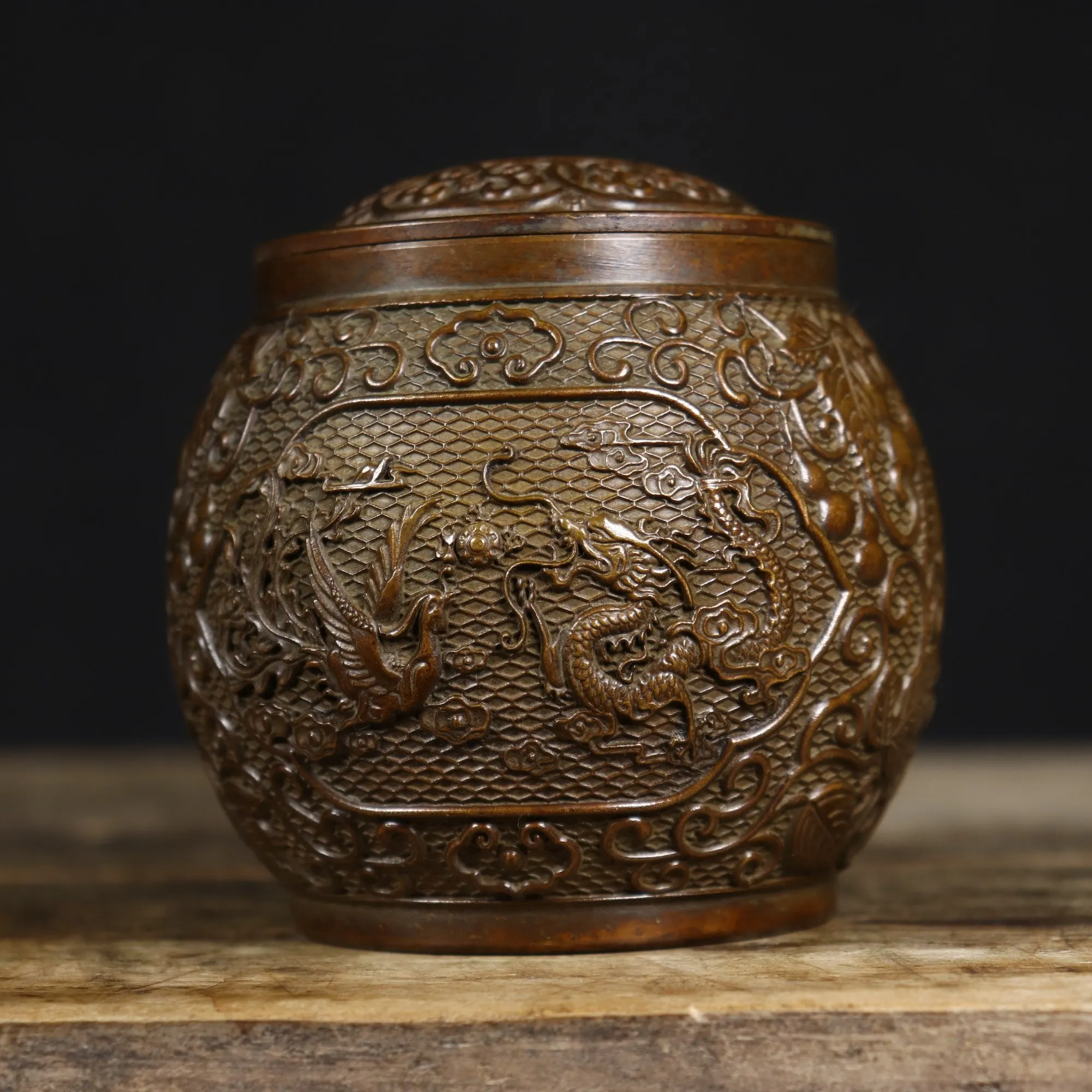 Antique Brass Tea Storage Jar Hundred Blessings Design Rice Container with Lid for Home Office
