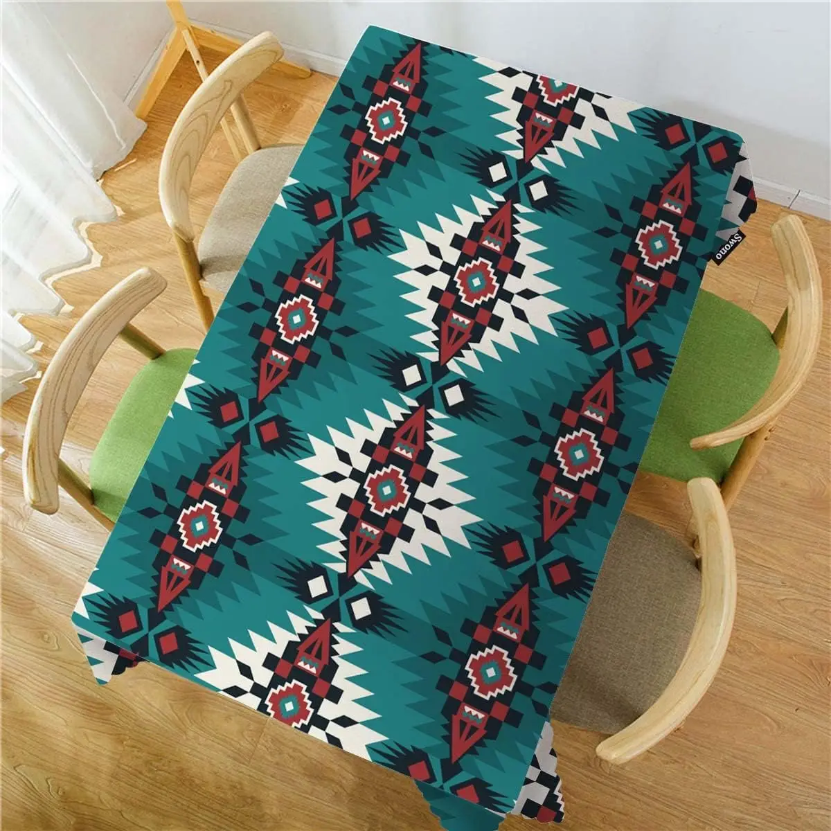 Aztec Pattern Tablecloth Ethnic Native Boho Geometric Green Decorative Table Cover for Kitchen Party Banquet Holiday Decor