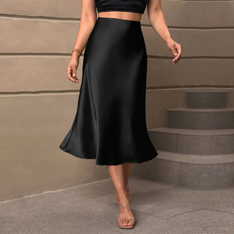 

Elegant Satin A-Line Midi Skirt Women's Pure Color Chiffon Pleated mid Waist Loose Fit Autumn Winter New Style Cross-Border