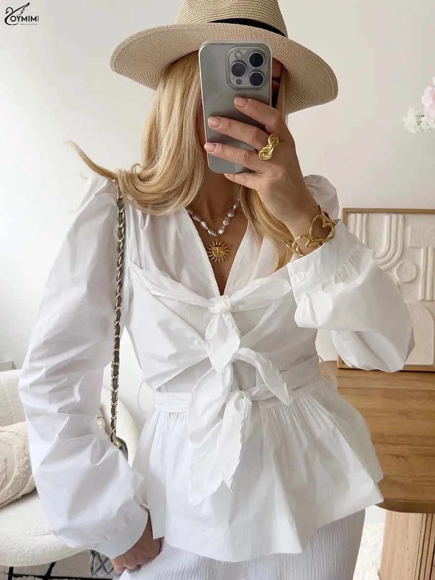 Oymimi Casual Pink V-Neck Woman Blouses Fashion Long Sleeve Lace-Up Loose Blouses Elegant New Solid Ruffled Blouse Streetwear