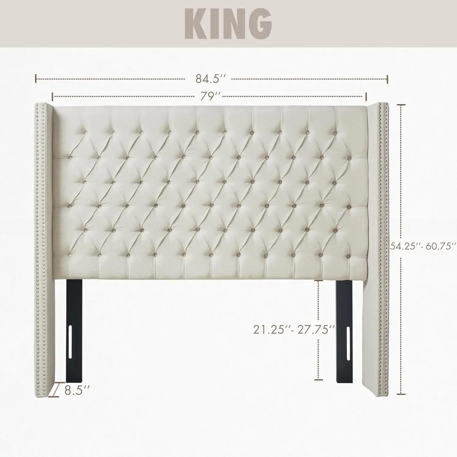 Park Amelia Upholstered Headboard | Nail Head Trim Wingback Button Tufted | King, Cream