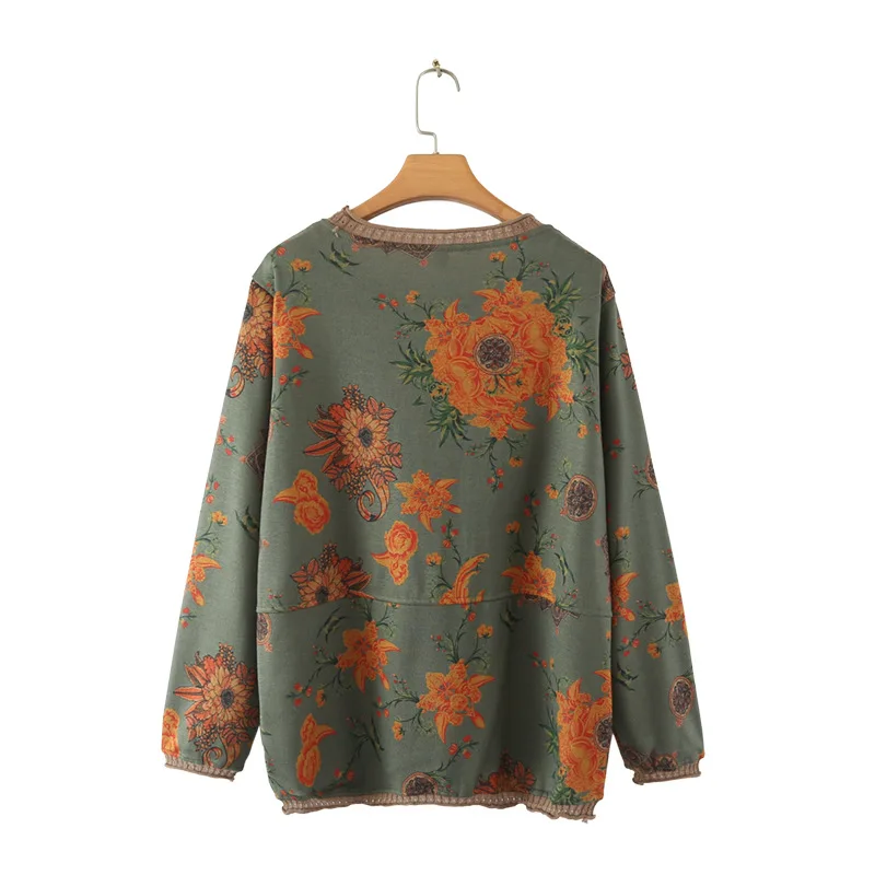 Camiseta de manga larga de talla grande para mujer, ropa informal de primavera y otoño, Tops de fondo con estampado Floral grande, camisetas de cuello redondo para personas mayores