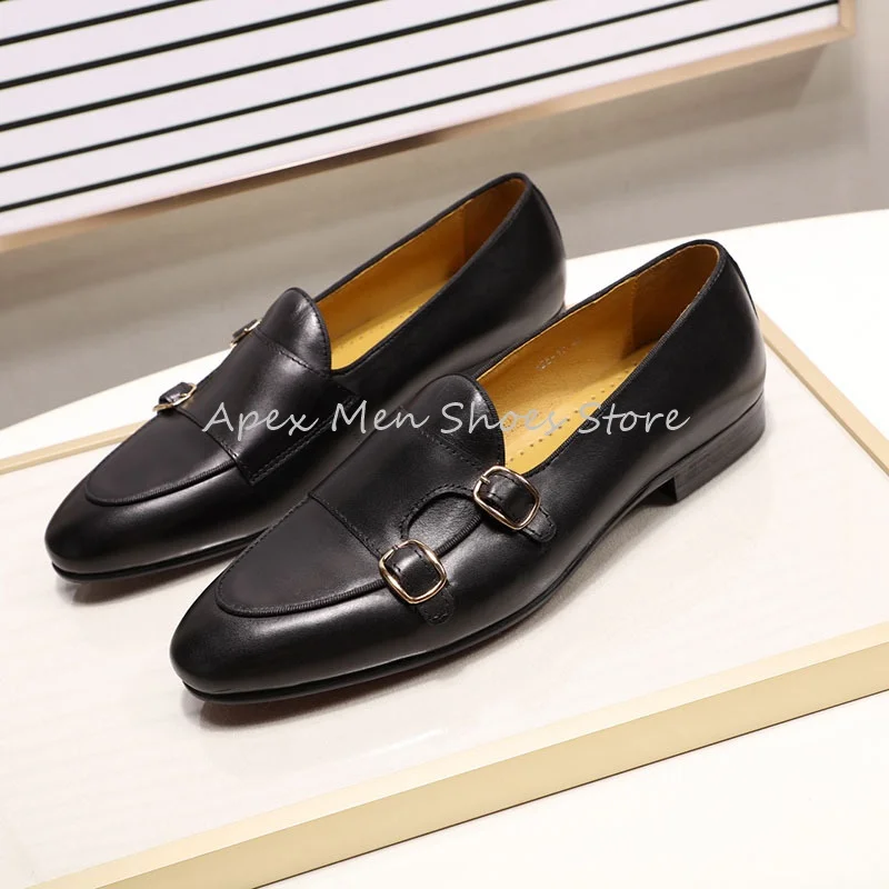 Autumn New Style Double Buckle Flat Casual Men's Shoes Retro Layer Cowhide Slip On Leather Shoes Brown Business Office Shoes