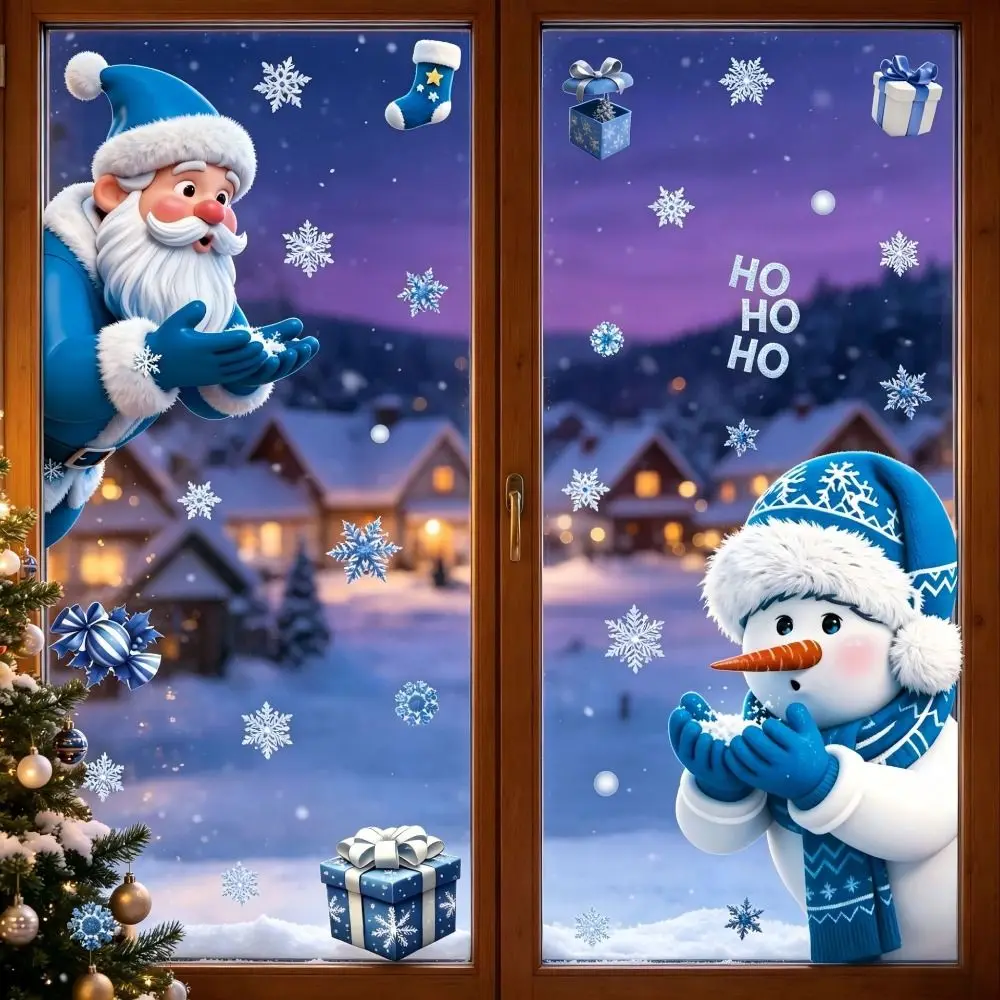 Electrostatic Merry Christmas Window Stickers Cartoon Santa Claus Blue White Xmas Decorative Sticker No Residue