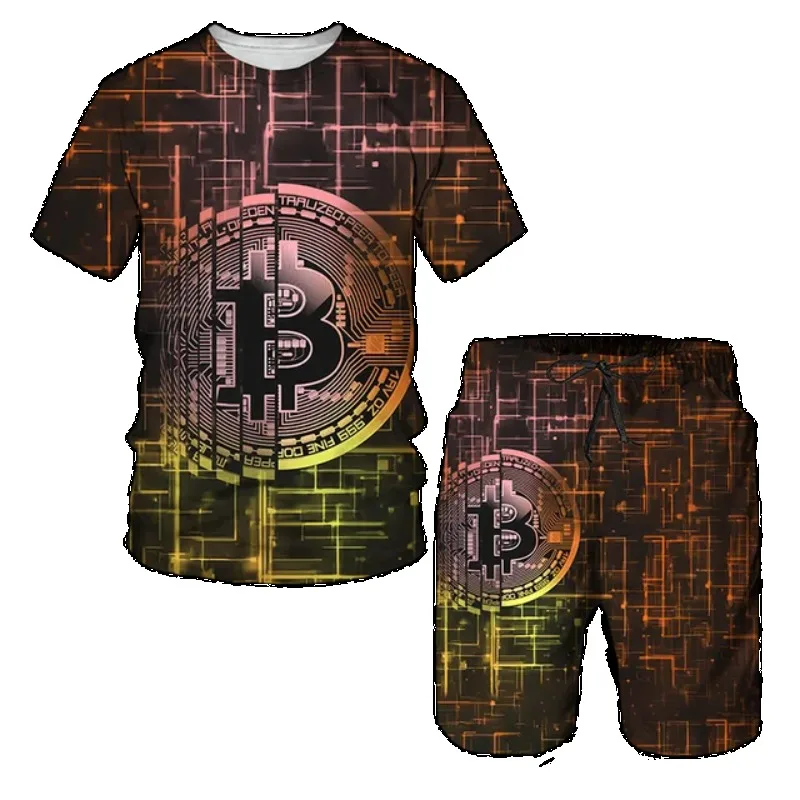 Set Kaos Lengan Pendek Oversize Pria 2025 Pakaian Olahraga Setelan Camping Kaos & Celana Pendek Cetak 3D Bitcoin Modis