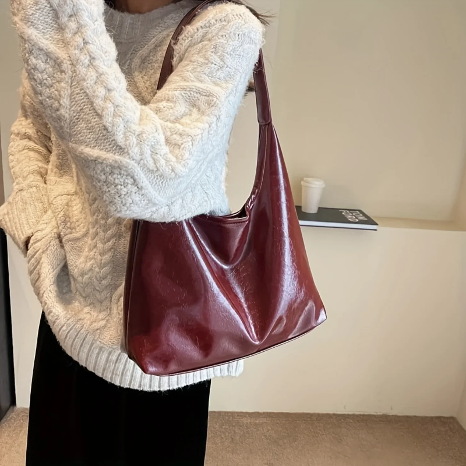 1pc Large Capacity Red Tote Bag Vintage Style PU Shoulder Bag Elegant Bridal Purse for Women, Versatile Work & Daily Commuter Ha