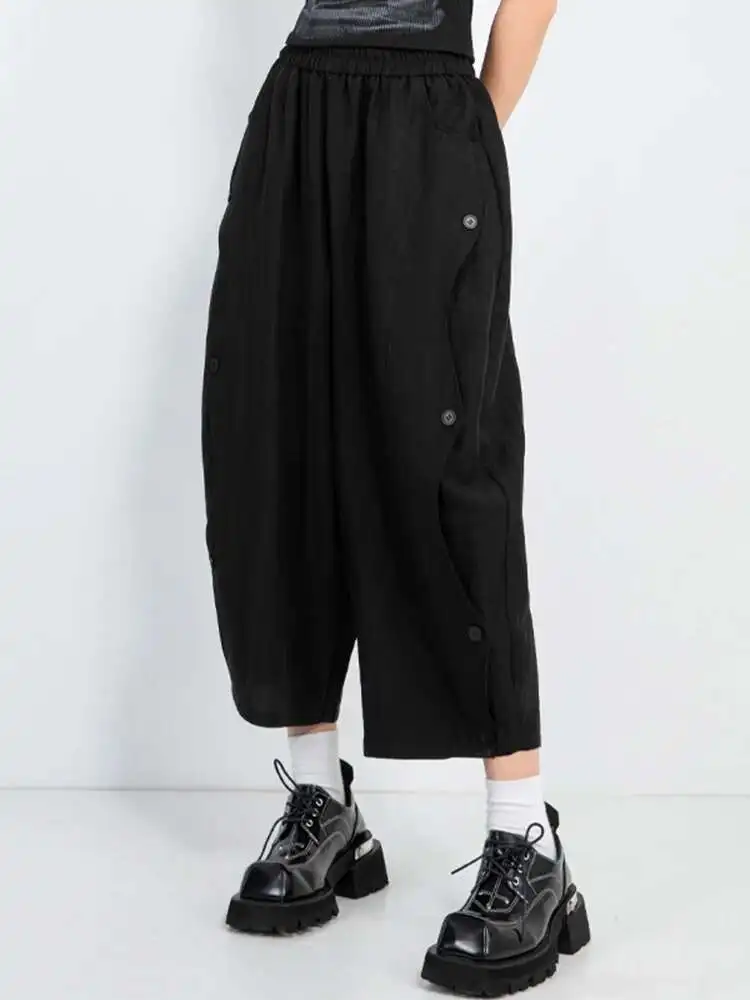 

High Elastic Waist Black Side Button Shaped Long Wide Leg Pants New Trousers Women Fashion Tide Spring Autumn