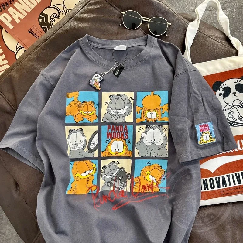 Cartoon Anime Garfielded Printed T shirt Kawaii Cool Cat Summer T shirts Men Women Oversized Loose White Tees Streetwear Tops