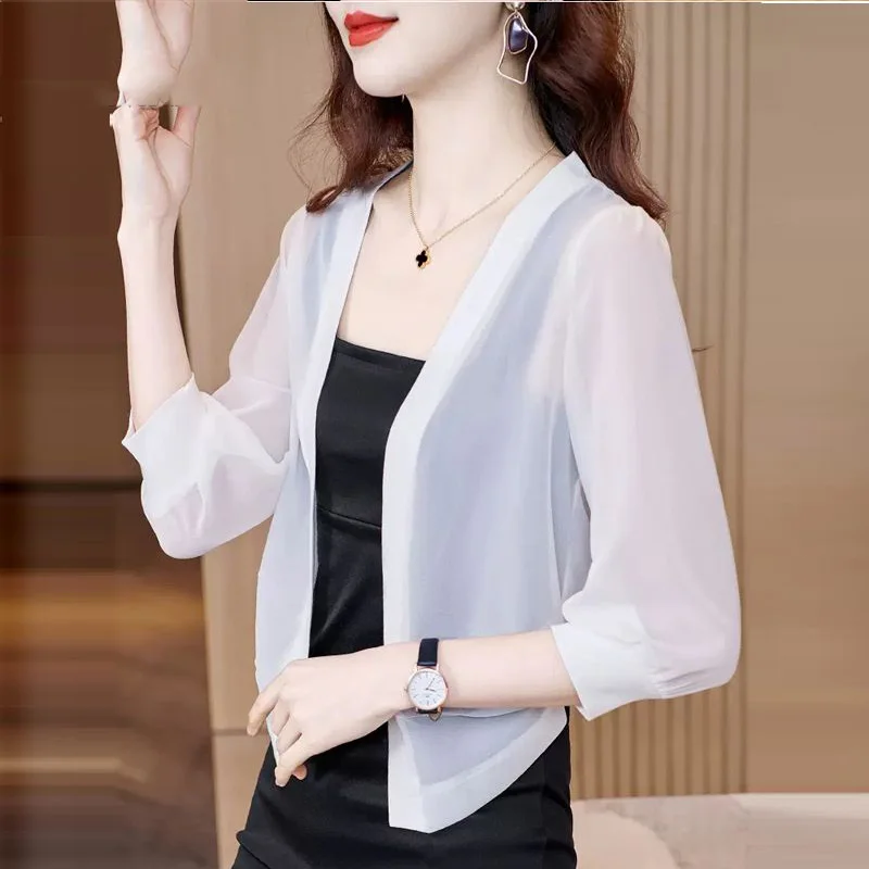 Summer Thin 3/4 Sleeve Coat Women Clothing Simplicity Solid Color Cardigan Ladies All-match Slim Top Tee New Office Lady Chiffon