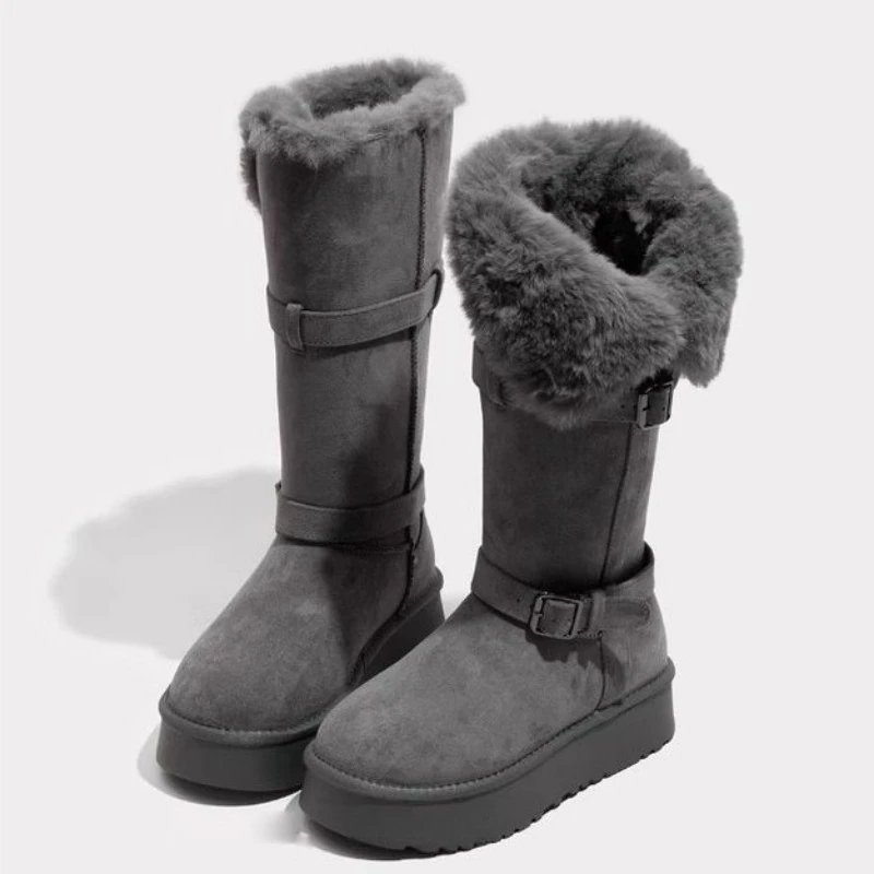 

Women Snow Boots Height-Increasing Long Boots Fleece-Lined Thickened Women Boot Buckle Cotton Shoes Platform Plush Mid-Calf Boot