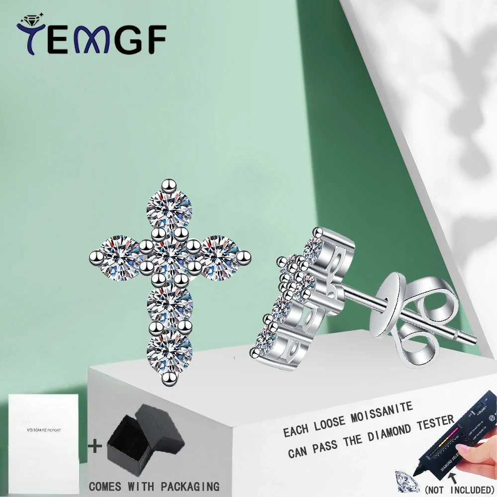 

TEMGF 2mm D Color Moissanite Earrings 925 Sterling Silver Simple Cross Ear Studs for Women Sparkling Fine Jewelry GRA Certified