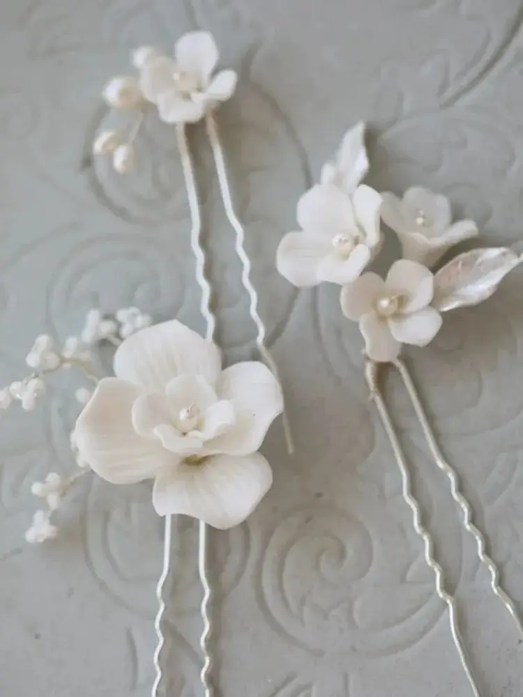 Épingle à cheveux de mariage en céramique, 3 pièces, pinces à cheveux en forme de U, fourchettes, couvre-chef en perles de mariée, bijoux de cheveux de mariage exquis