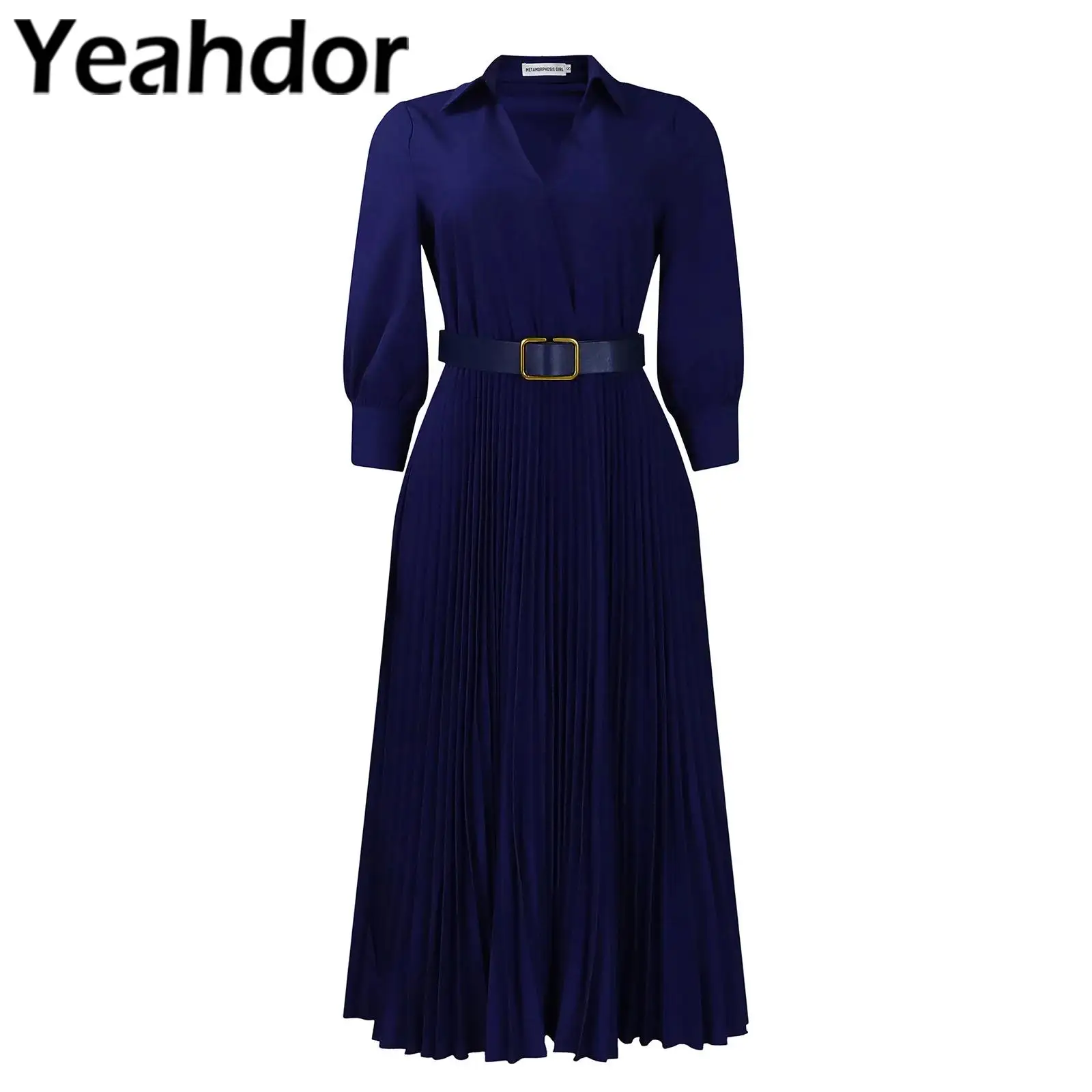 Womens Solid Color Dress with Waist Belt V Neck 3/4 Sleeve High Waist Pleated Midi Dress Elegant Woman's Clothes