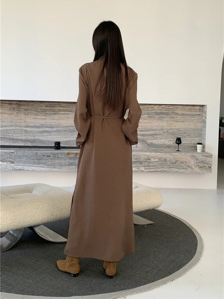 CHEERART Designer Brown Lace Up Maxi Dress For Women Long Sleeve Oversized Long Dress High Fashion Trendy Clothes