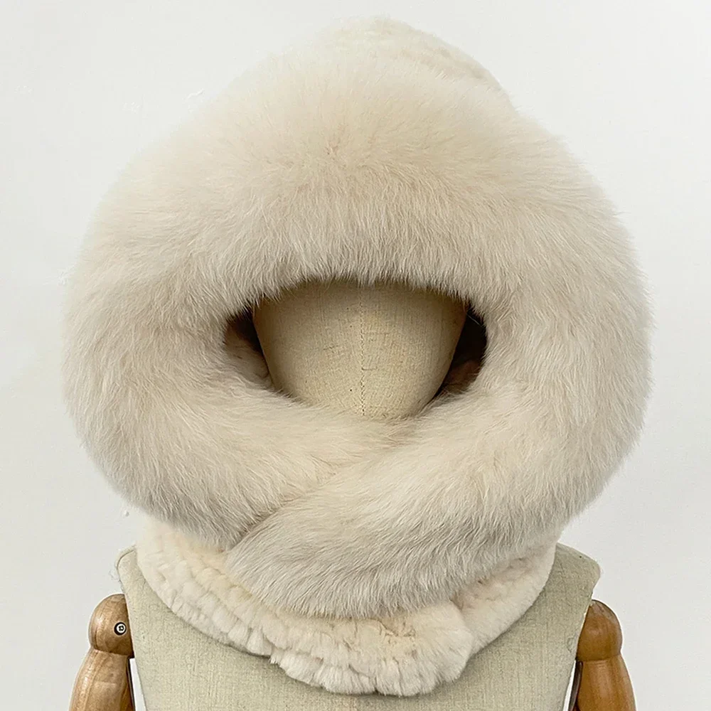

Reality Fur Hat Hooded Scarf Knit Women Natural Fox Fur Hats Scarves Lady Warm Winter Fluffy Real Rex Rabbit Fur Knit Cap