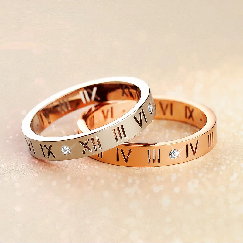 Conjuntos de anillos de acero inoxidable para parejas, anillo de dedo con números romanos simples para mujeres y hombres, conjunto de joyería de oro rosa a la moda