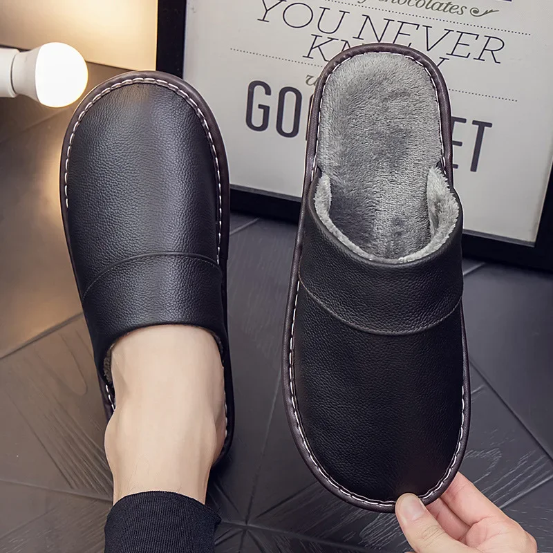 Genuine Leather Slippers Thermal Home Use Cowhide Cotton Autumn Winter Men Women's Indoor Anti-skid Waterproof Upper Thick Sole