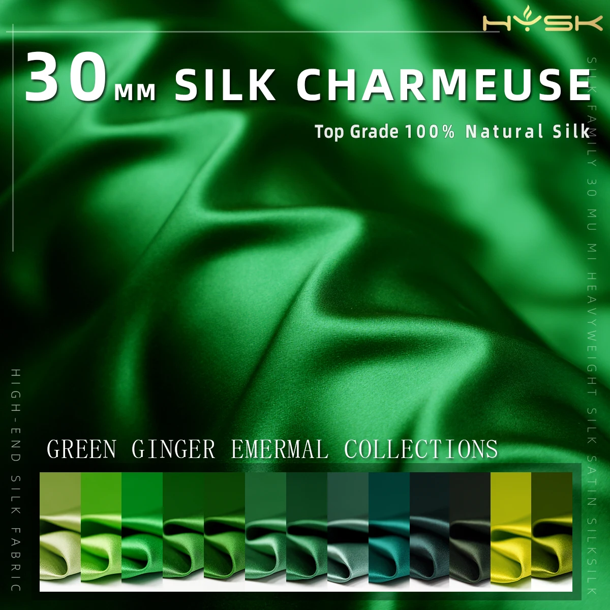 

HYSK 100 Pure Silk Fabric 30mm Solid 120 Color green emeral Charmeuse by Yard meter DIY Sewing Clothing Width 44 inch for dress