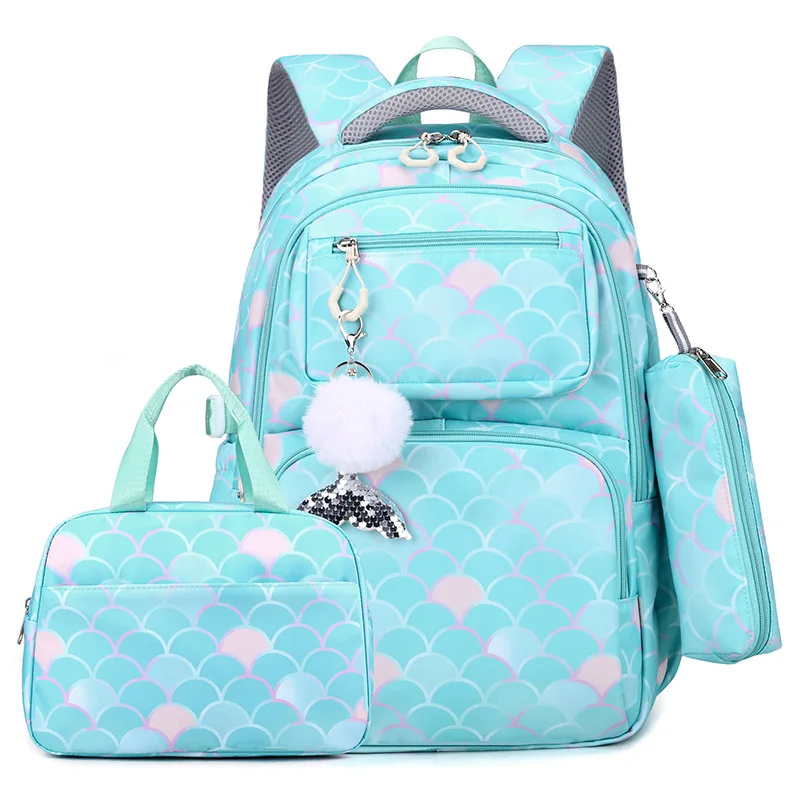 Mochila con estampado de escamas de pescado para niños, Bolsa Escolar impermeable con colgante de sirena para niñas adolescentes, 3 piezas por juego