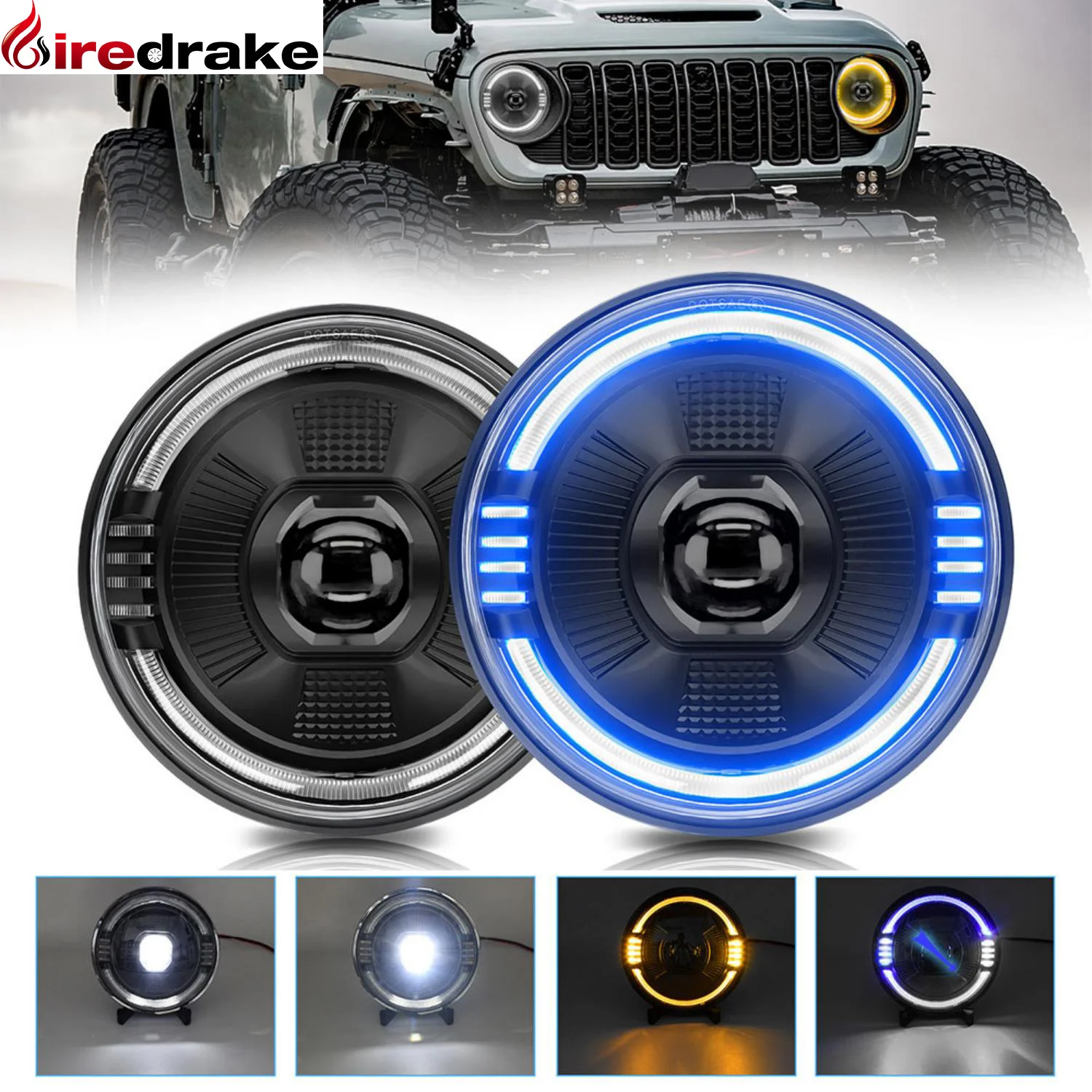 

7 Inch High Power Jeep Headlight 250W 30000LM LED Round Headlight Blue DRL for Wrangler Harley Hummer SUV H4 Headlamp 6000K 32V