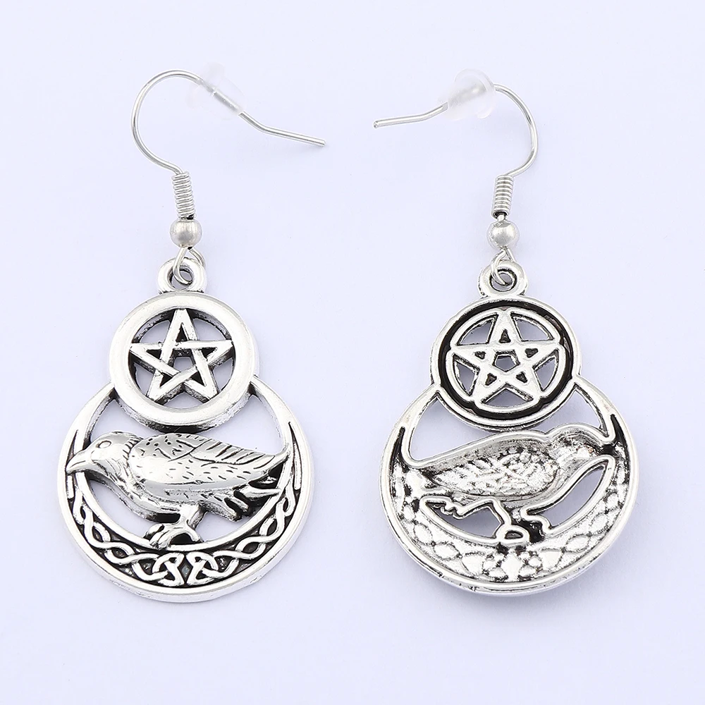 Tibetan Silver Color Pentagram Pentacle Celtic Knot Bird Pendants Earrings for Fashion Women Jewelry Accessories