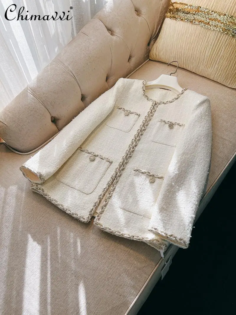 

French Style Elegant High-End Blazer Top Autumn Winter New Fashion Round Neck Long Sleeve Commuter Women's White Coat Jacket