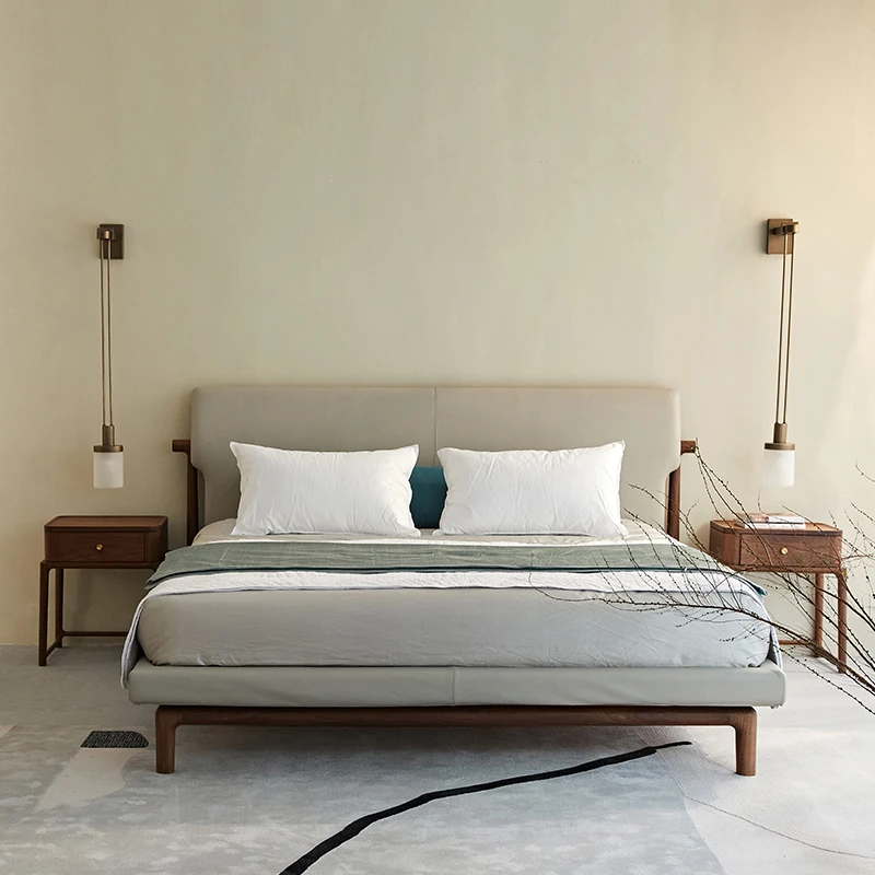 Black walnut solid wood bed first layer cowhide double bed master bedroom modern simple soft bed