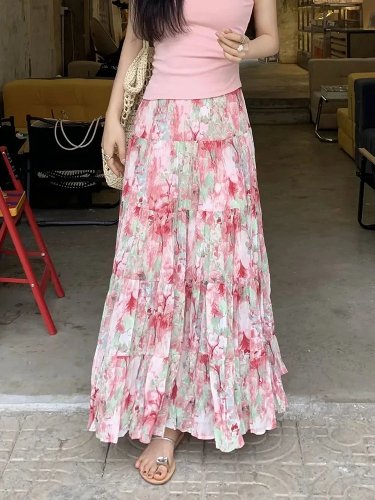 Jmprs Boho Pink Floral Chiffon Skirts Women Vintage Casual High Waist Loose Long Skirt Retro French Elegant Summer Female Skirt
