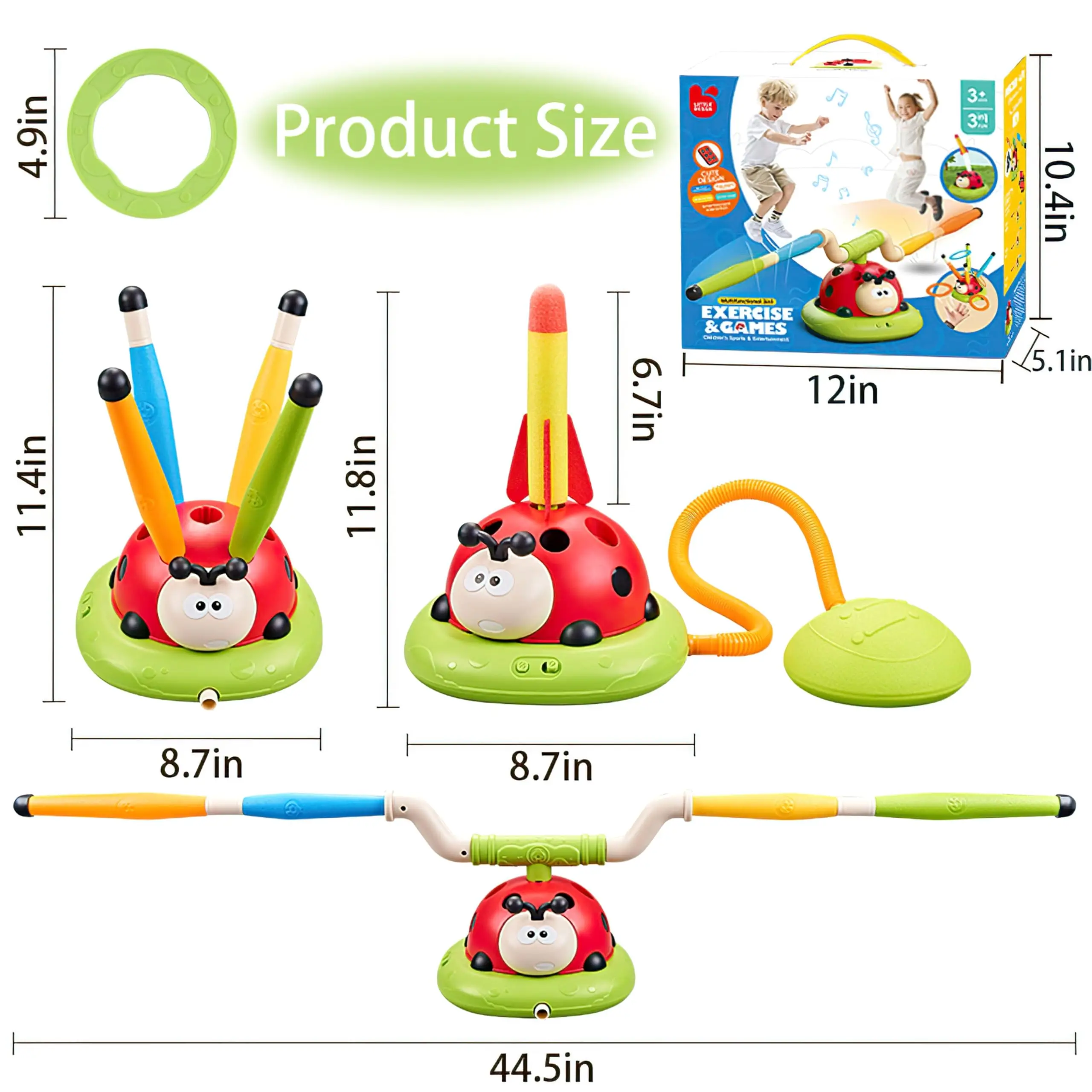 Universelles Lernspielzeug für Kinder im Innen- und Außenbereich, 3-in-1-Springseilmaschine mit Marienkäfer-Motiv, Sport und Unterhaltung, Springreifen, Raketenwerfer, Geburtstagsgeschenk für Jungen und Mädchen