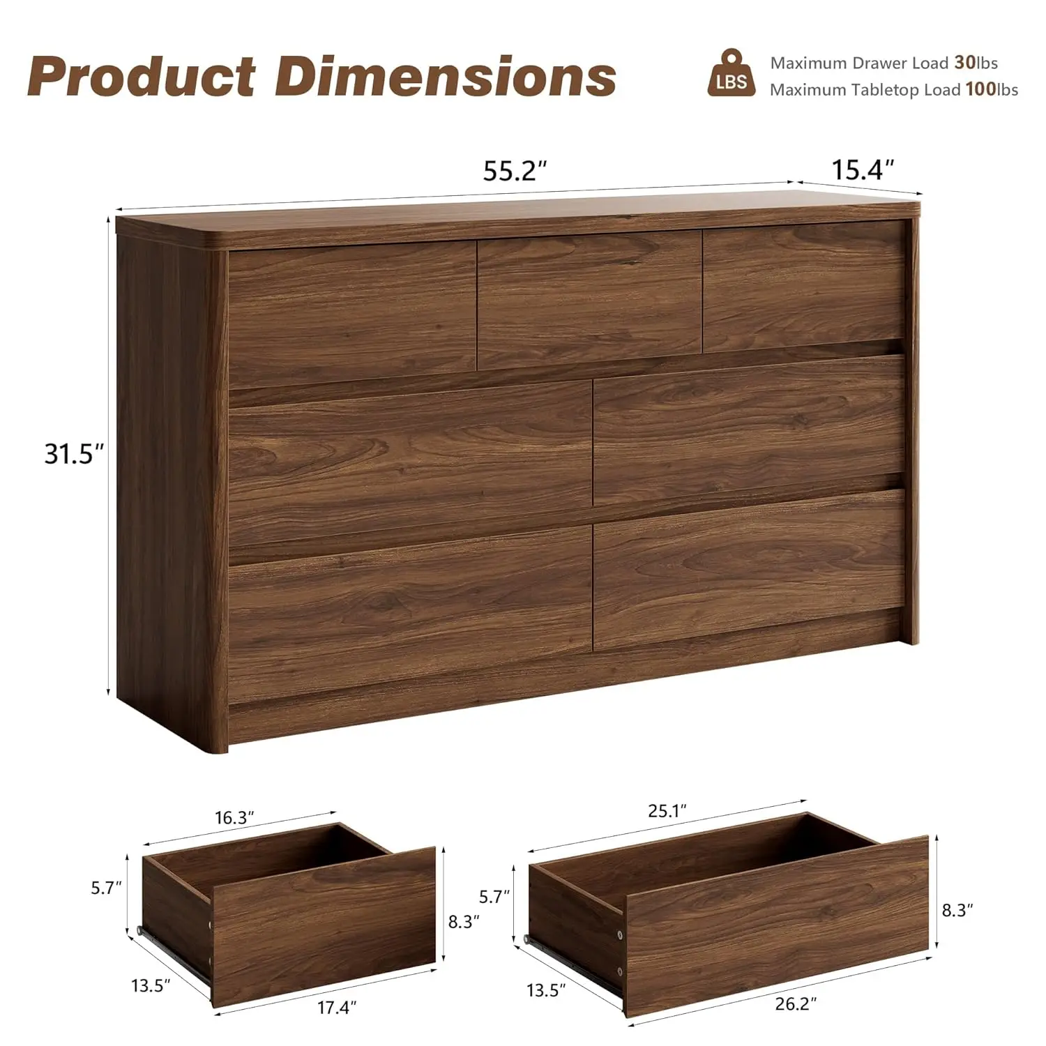 3 Pieces Bedroom Set, 55 Inch Width 7-Drawer Dresser & 2-Drawer Nightstands Set of 2,Nightstand with USB Nightstand, Customized - view 2