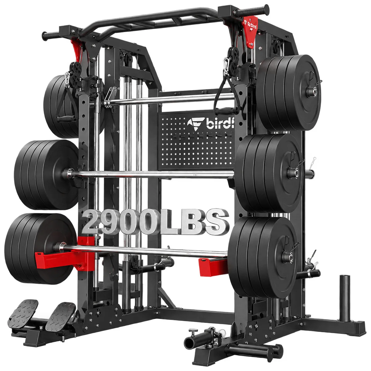 Pooboo Multi-Function 2000LB Power Cage Smith Machine, Dual Pulley Cable Crossover | Home Gym Squat Rack Featuring LAT Pulldown & Strength Training Attachments, Pegboard