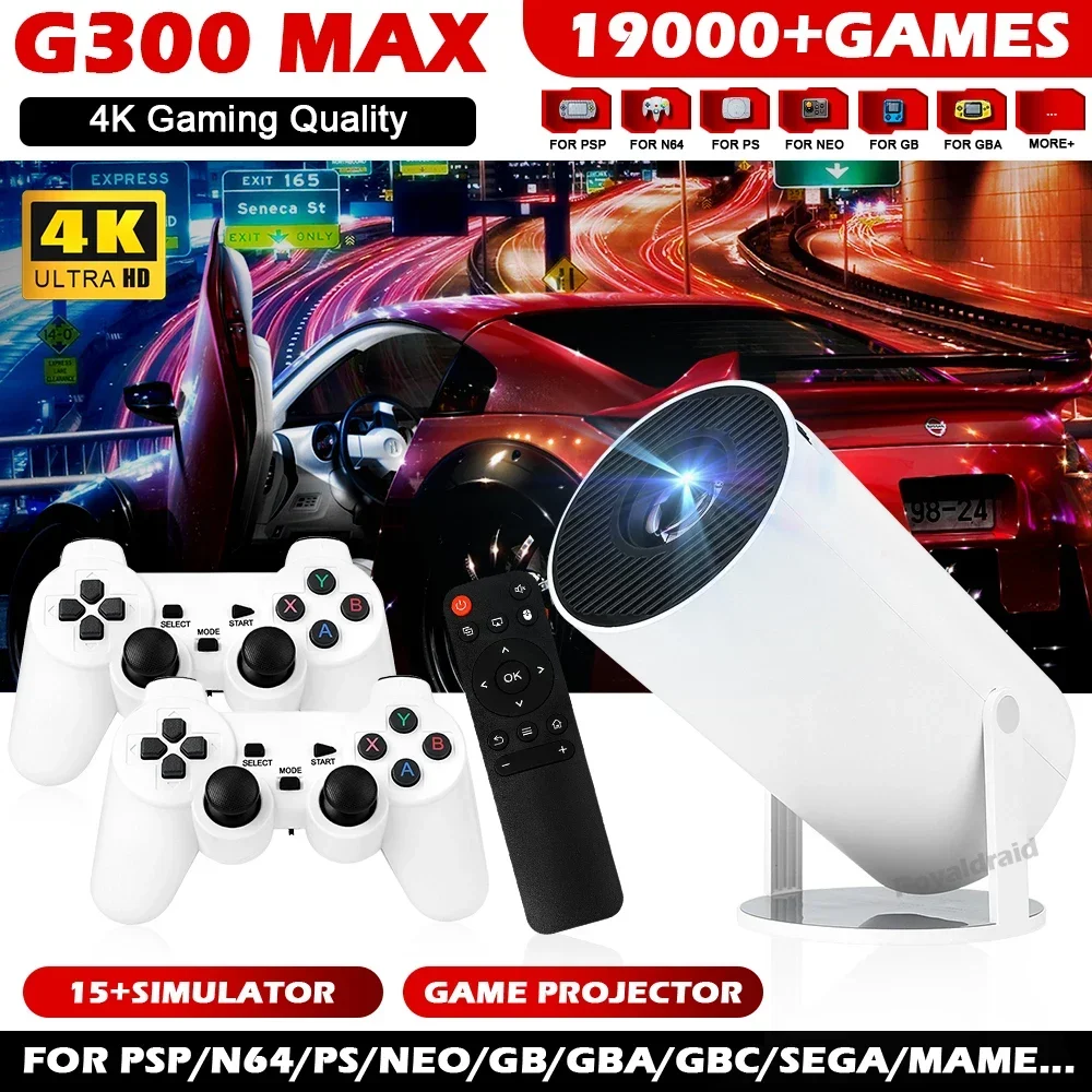 Game Projector G300 MAX Retro Video Game Console Wireless Controller 4K ULTRA-HD Plug and Play Android11 BT5.0 Home Cinem