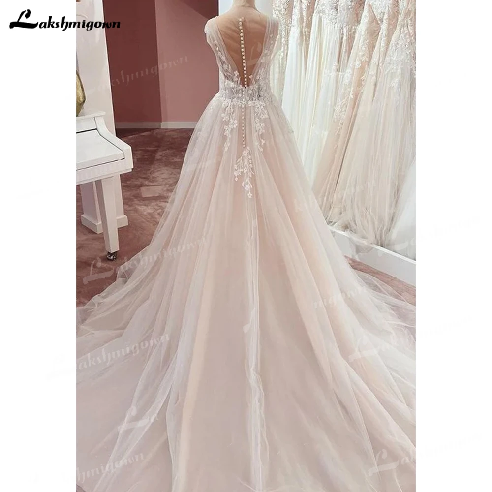 Vestido de Novia de tul de encaje con tirantes anchos y cuello en V, sin mangas, talla grande