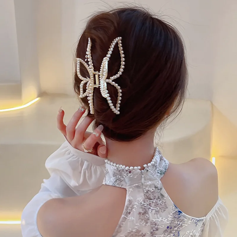 Pinza para el pelo Simple y elegante para mujer, accesorio para el cabello con lazo de perla, Pinza de agarre de Metal, pinza de tiburón, pinza para