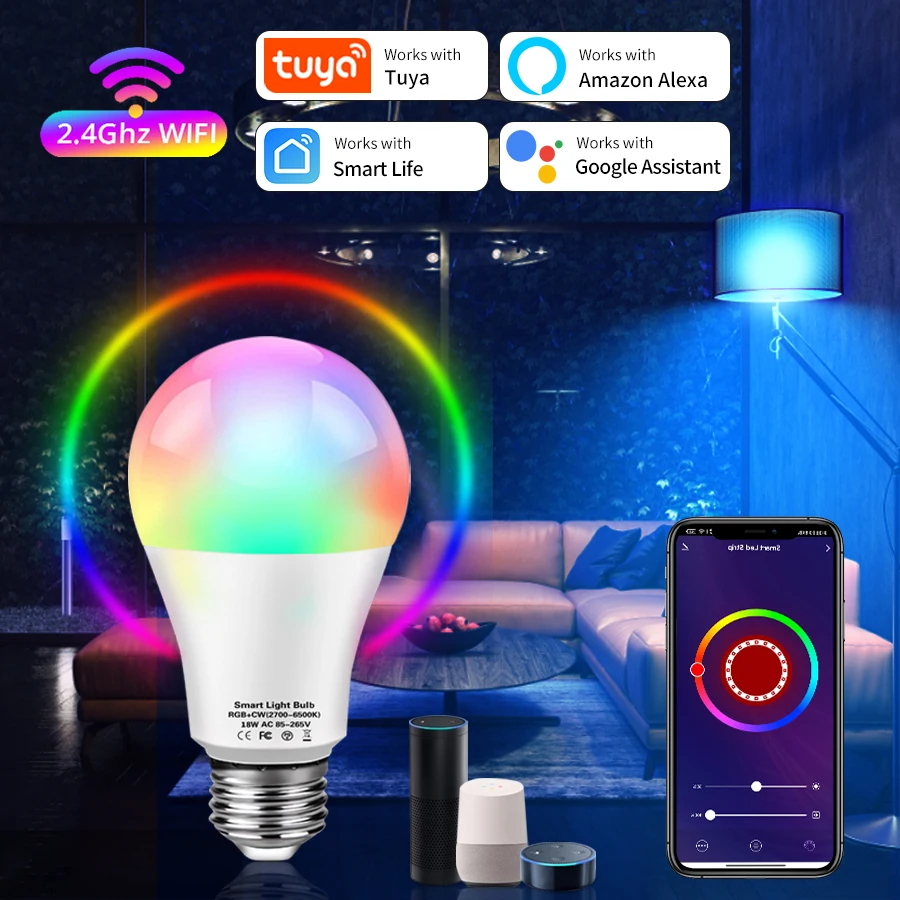 

Tuya WiFi E27 Smart Dimmable Bulb RGB CW 85-265V 12W 15W 18W LED Light Smart Life App Control Support Alexa Google Home Alice